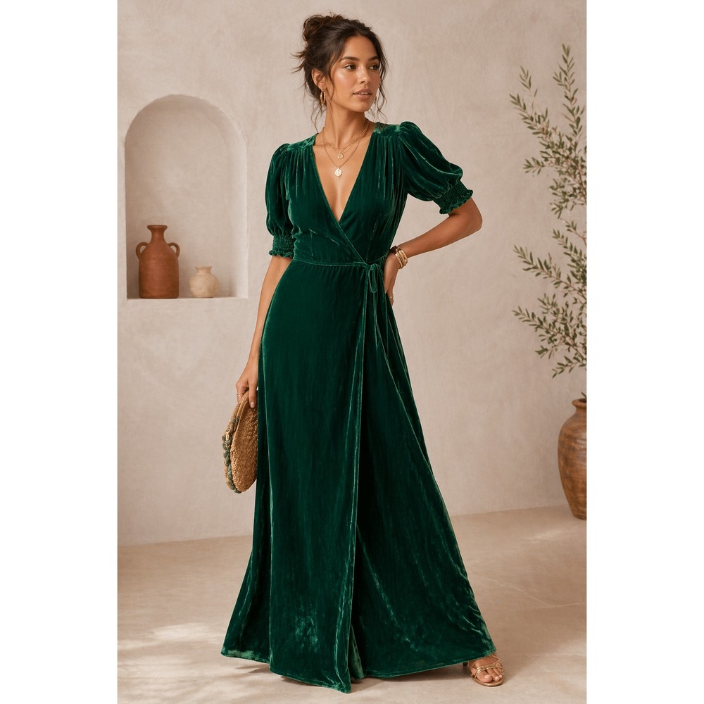 Reformation Wrap‎ Maxi Dress Women Sz XS Emerald Green Velvet Romantic Witchy